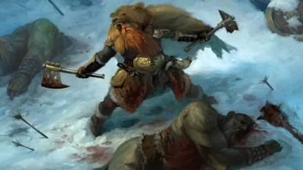 HD fantasy desktop wallpaper depicting a fierce dwarf warrior mid-battle in a snowy landscape, wielding a battle axe against fallen foes.