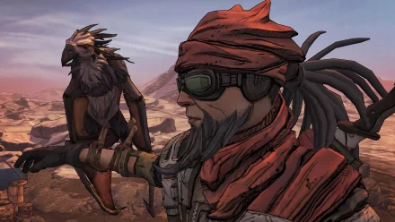 HD PC desktop wallpaper featuring a Borderlands 2 character wearing red gear and goggles with a bird perched on their arm in a desert landscape.