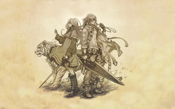 Zael and Calista from The Last Story stand back-to-back, wielding a sword. A tiger accompanies them against a textured beige background, capturing the essence of the video game.
