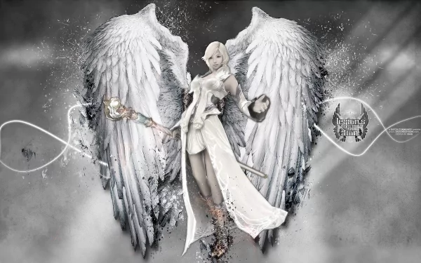 HD PC desktop wallpaper featuring an angelic character with large white wings from the video game AION, set against a misty, ethereal background.