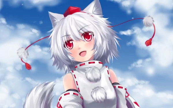 Anime character Momiji Inubashiri smiles joyfully against a backdrop of fluffy clouds, showcasing her signature white hair and red eyes in this vibrant HD desktop wallpaper.