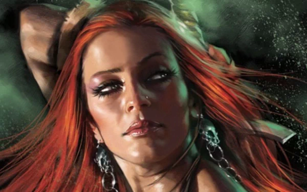 HD comic-style wallpaper featuring Queen Sonja with flowing red hair and intense gaze, set against a dark, atmospheric background.