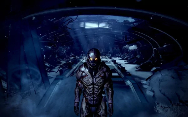 Mass Effect 2 video game HD PC desktop wallpaper: an armored humanoid stands in a dim, ruined, blue-lit spaceship corridor.