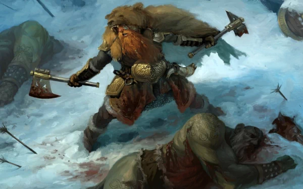 HD fantasy desktop wallpaper depicting a fierce dwarf warrior mid-battle in a snowy landscape, wielding a battle axe against fallen foes.