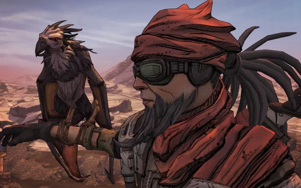 HD PC desktop wallpaper featuring a Borderlands 2 character wearing red gear and goggles with a bird perched on their arm in a desert landscape.