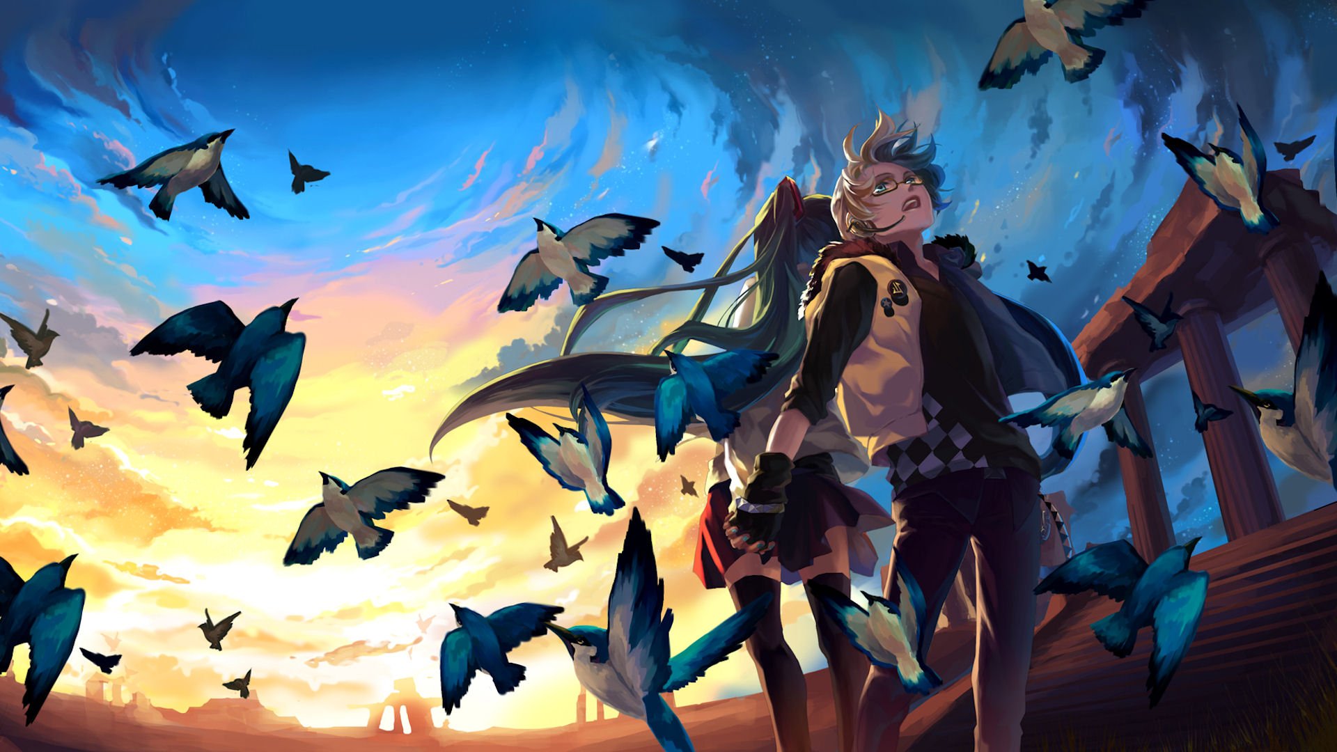 A vibrant HD wallpaper featuring Hatsune Miku, Len Kagamine, and Rin Kagamine surrounded by blue birds against a stunning sunset backdrop, showcasing the charm of Vocaloid anime art.