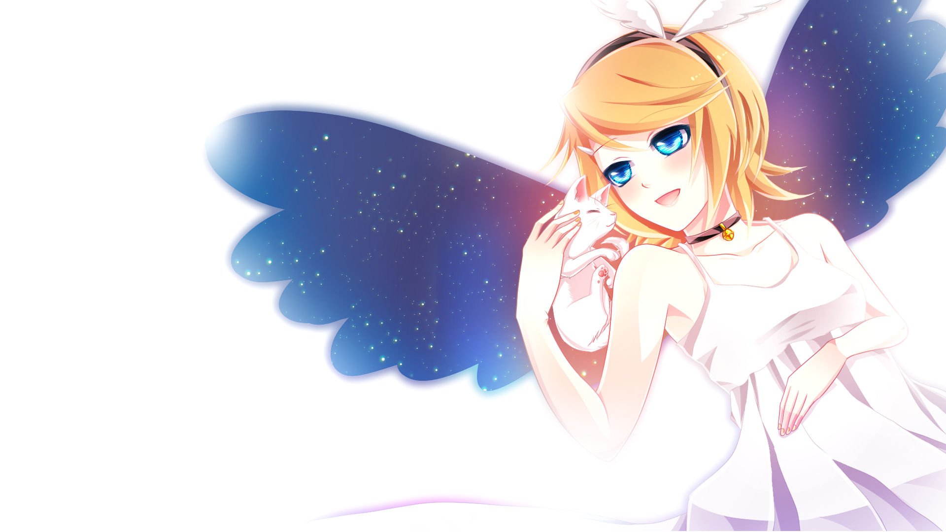 HD PC wallpaper featuring Rin Kagamine from Vocaloid in a bright, anime-style illustration with glowing blue eyes and large, starry wings.