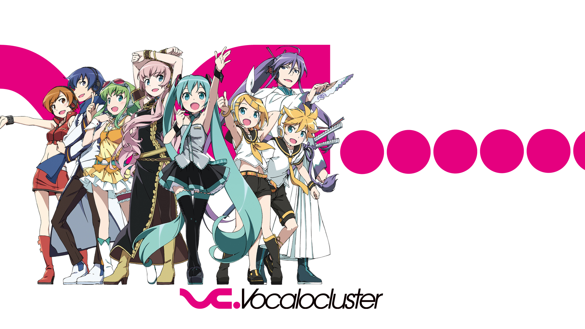 A vibrant HD wallpaper featuring popular Vocaloid characters: Hatsune Miku, Luka Megurine, Meiko, Kaito, GUMI, Kamui Gakupo, Len and Rin Kagamine, set against a bold pink backdrop.