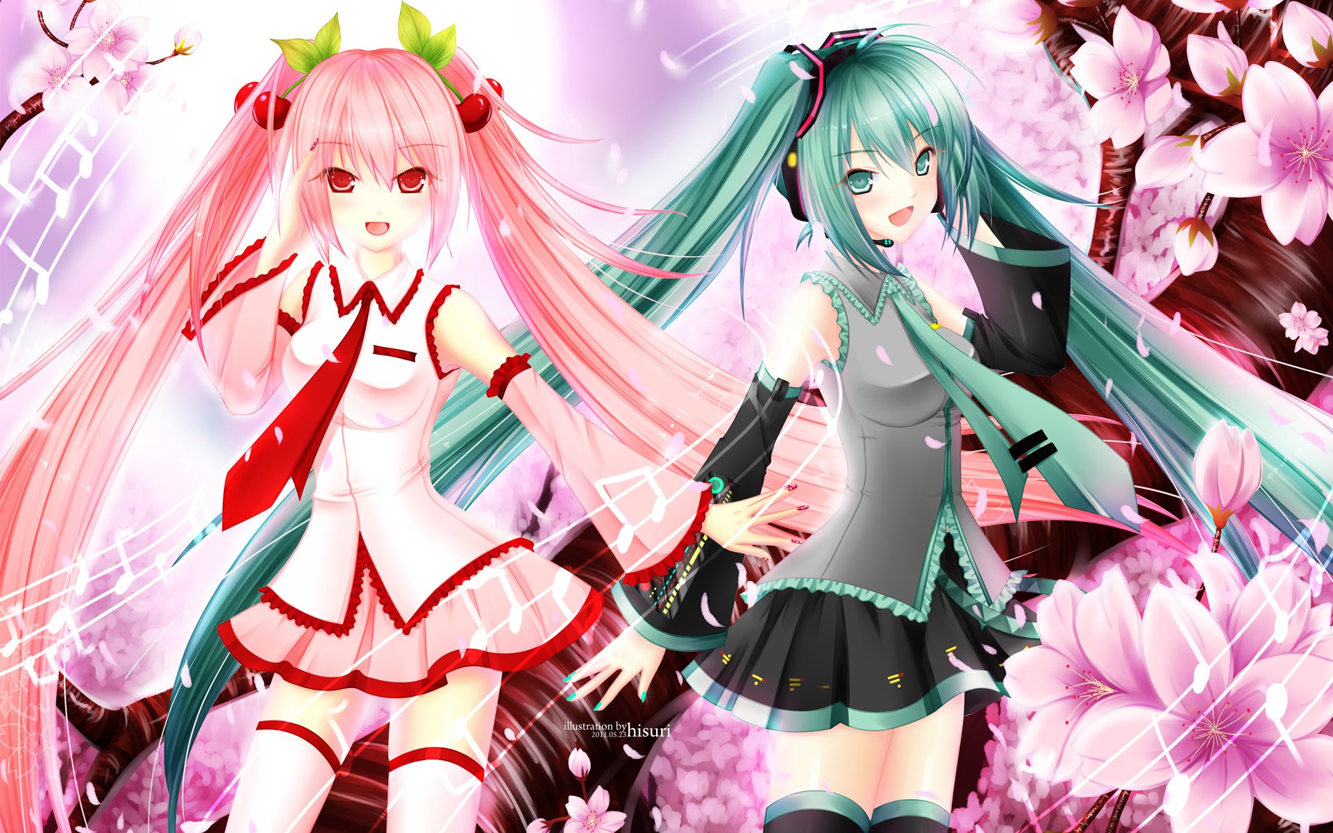 HD PC desktop wallpaper featuring Sakura Miku and Hatsune Miku surrounded by cherry blossoms in an anime-style Vocaloid artwork.