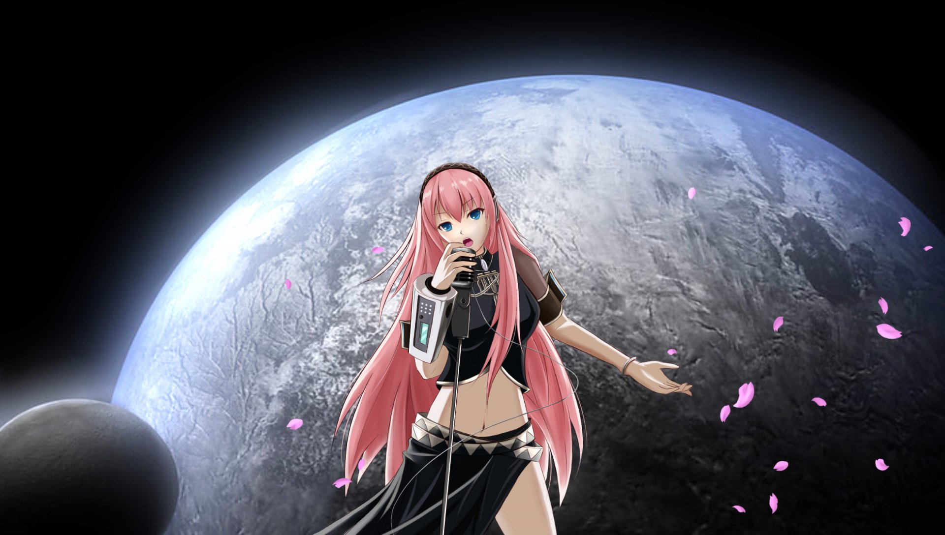 Anime-style HD PC wallpaper featuring Vocaloid Luka Megurine with flowing pink hair, standing against a detailed moon backdrop, surrounded by floating pink petals.