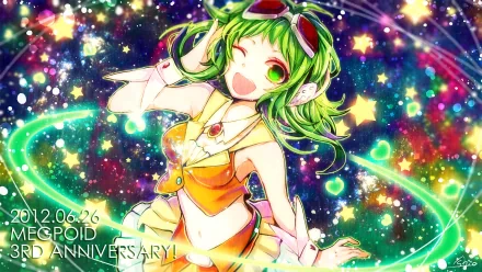 Vibrant HD PC desktop wallpaper featuring GUMI from Vocaloid in colorful anime style, surrounded by glowing stars and dynamic light effects.