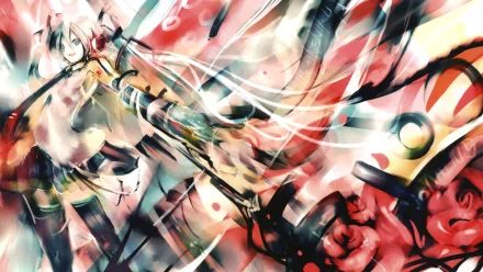 HD desktop wallpaper featuring a dynamic, vibrant depiction of Hatsune Miku from the Vocaloid series, showcasing an anime art style with energetic and colorful abstract elements in the background.
