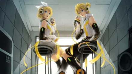 HD desktop wallpaper featuring Rin Kagamine and Len Kagamine from Vocaloid, both wearing headphones, sitting on stools in an anime-style artwork.