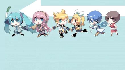 Chibi-style Vocaloid characters Hatsune Miku, Luka Megurine, Len Kagamine, Rin Kagamine, Kaito, and Meiko on a light blue HD anime desktop wallpaper.
