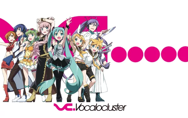 A vibrant HD wallpaper featuring popular Vocaloid characters: Hatsune Miku, Luka Megurine, Meiko, Kaito, GUMI, Kamui Gakupo, Len and Rin Kagamine, set against a bold pink backdrop.