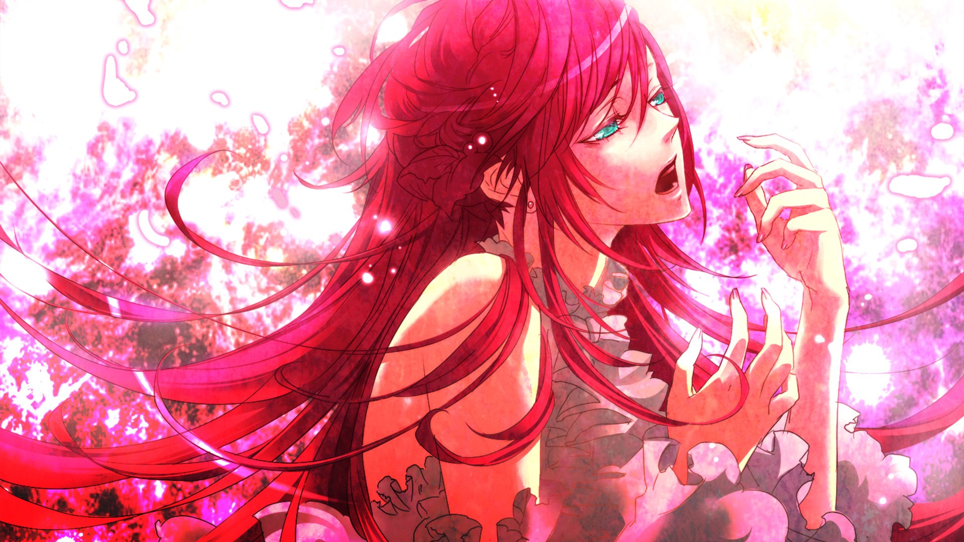 A vibrant HD desktop wallpaper featuring Luka Megurine from the Vocaloid series, showcasing her in a striking pose with flowing pink hair against a colorful background.