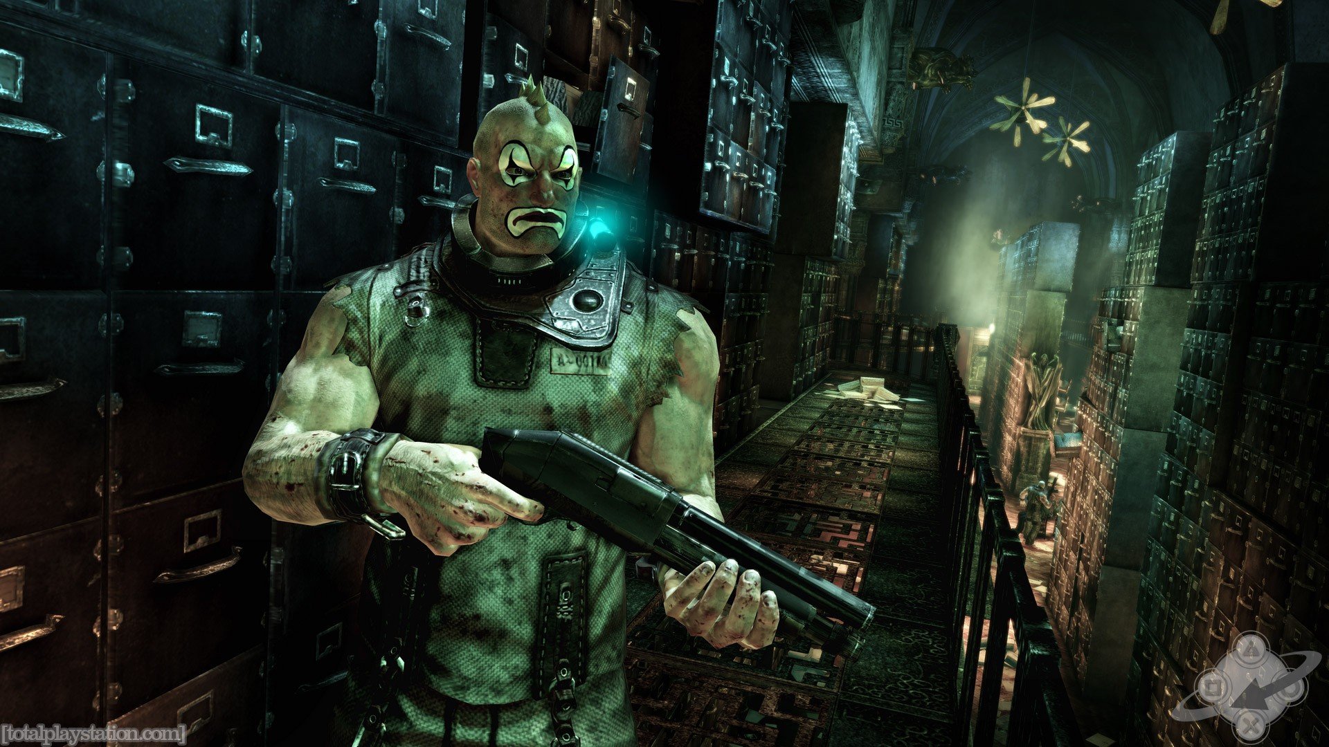 HD PC desktop wallpaper from the video game Batman: Arkham City — a masked, muscular inmate holds a shotgun in a dim, grimy prison corridor.