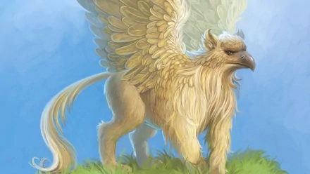 HD fantasy desktop wallpaper depicting a majestic griffin with golden feathers standing on grass against a bright blue sky background.
