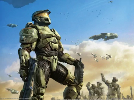 HD PC desktop wallpaper featuring a scene from the video game Halo Wars, showcasing a futuristic soldier in armor with aircraft flying overhead.