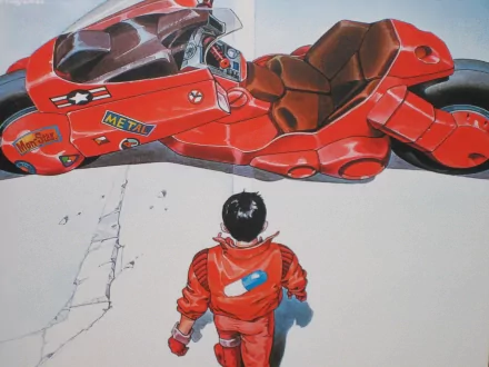 Anime Akira HD PC desktop wallpaper background: Kaneda in a red jacket seen from behind, facing his iconic red motorcycle on cracked pavement, bold colors and cinematic composition.
