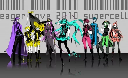 HD PC desktop wallpaper featuring Vocaloid characters Meiko, Hatsune Miku, Len and Rin Kagamine, Luka Megurine, GUMI, SF-A2 Miki, Kamui Gakupo, and Love is War theme in anime style.