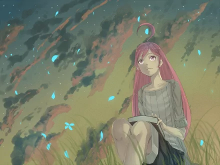 HD PC desktop wallpaper featuring SF-A2 Miki from Vocaloid in an anime style, sitting thoughtfully under a rain-speckled sky with soft, atmospheric lighting.