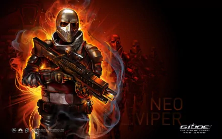 HD PC desktop wallpaper: Cobra Neo Viper from the G.I. Joe video game G.I. Joe: The Rise of Cobra — armored soldier with rifle framed by fiery orange background.