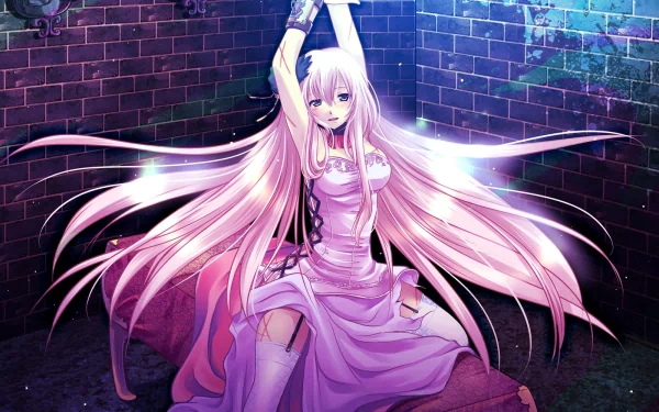 HD wallpaper featuring Luka Megurine from Vocaloid in an anime style, with long pink hair and a flowing dress, set against a dark brick wall background.