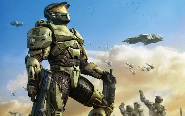 HD PC desktop wallpaper featuring a scene from the video game Halo Wars, showcasing a futuristic soldier in armor with aircraft flying overhead.