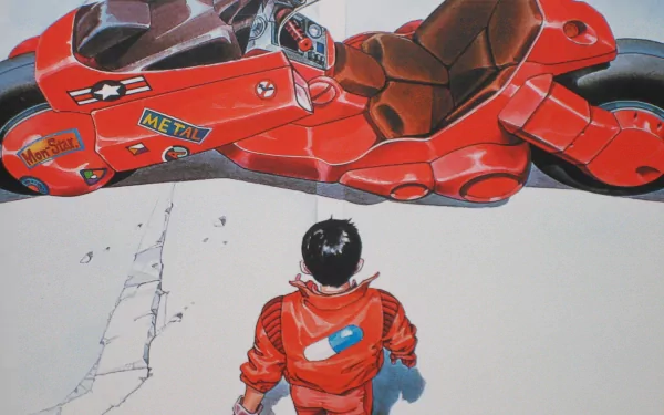 Anime Akira HD PC desktop wallpaper background: Kaneda in a red jacket seen from behind, facing his iconic red motorcycle on cracked pavement, bold colors and cinematic composition.