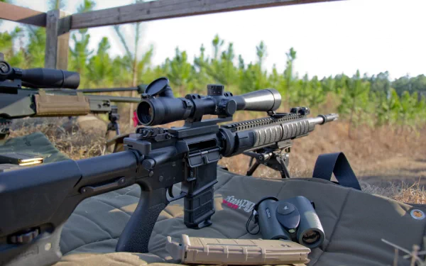 A close-up of a sniper rifle resting on a padded surface, surrounded by a natural landscape of trees. This high-resolution image serves as a striking PC desktop wallpaper.