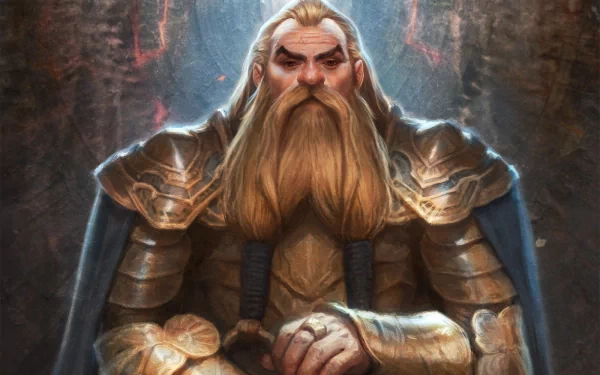HD PC desktop wallpaper featuring a detailed warrior character from the video game Dragon Age: Origins in ornate armor with a long beard, set against a dark, textured background.