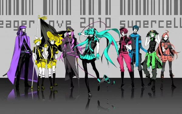HD PC desktop wallpaper featuring Vocaloid characters Meiko, Hatsune Miku, Len and Rin Kagamine, Luka Megurine, GUMI, SF-A2 Miki, Kamui Gakupo, and Love is War theme in anime style.