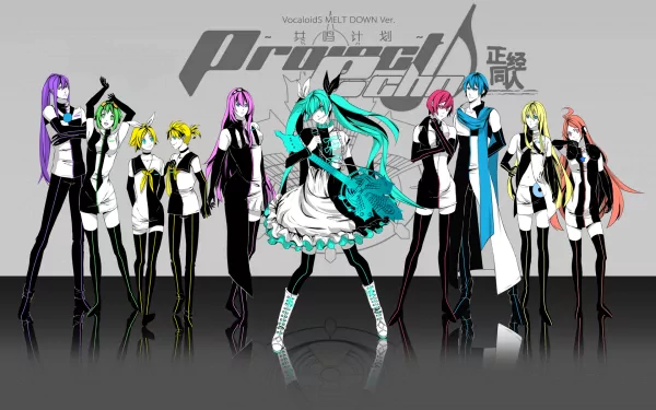 HD PC desktop wallpaper featuring Vocaloid characters including Hatsune Miku, Luka Megurine, Rin and Len Kagamine, GUMI, Meiko, Kaito, Kamui Gakupo, Lily, and SF-A2 Miki in anime style.