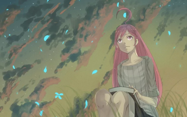 HD PC desktop wallpaper featuring SF-A2 Miki from Vocaloid in an anime style, sitting thoughtfully under a rain-speckled sky with soft, atmospheric lighting.