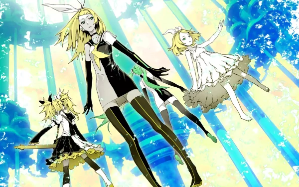 HD PC desktop wallpaper featuring Rin Kagamine from Vocaloid in an anime-style illustration inspired by the song Meltdown, with vibrant blue and yellow hues.