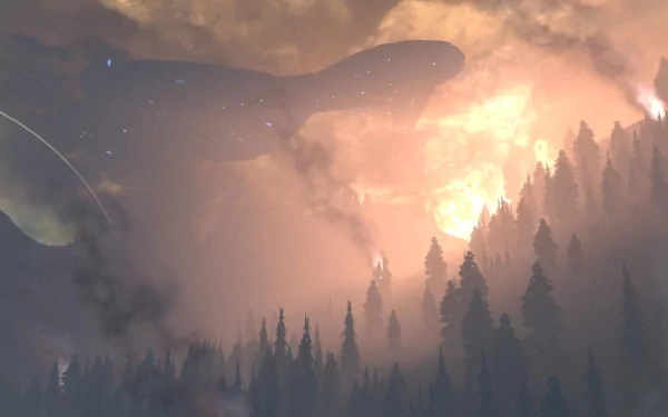 HD PC desktop wallpaper featuring a sci-fi scene from Halo with a Covenant spaceship emerging above a misty, forested landscape at dawn.