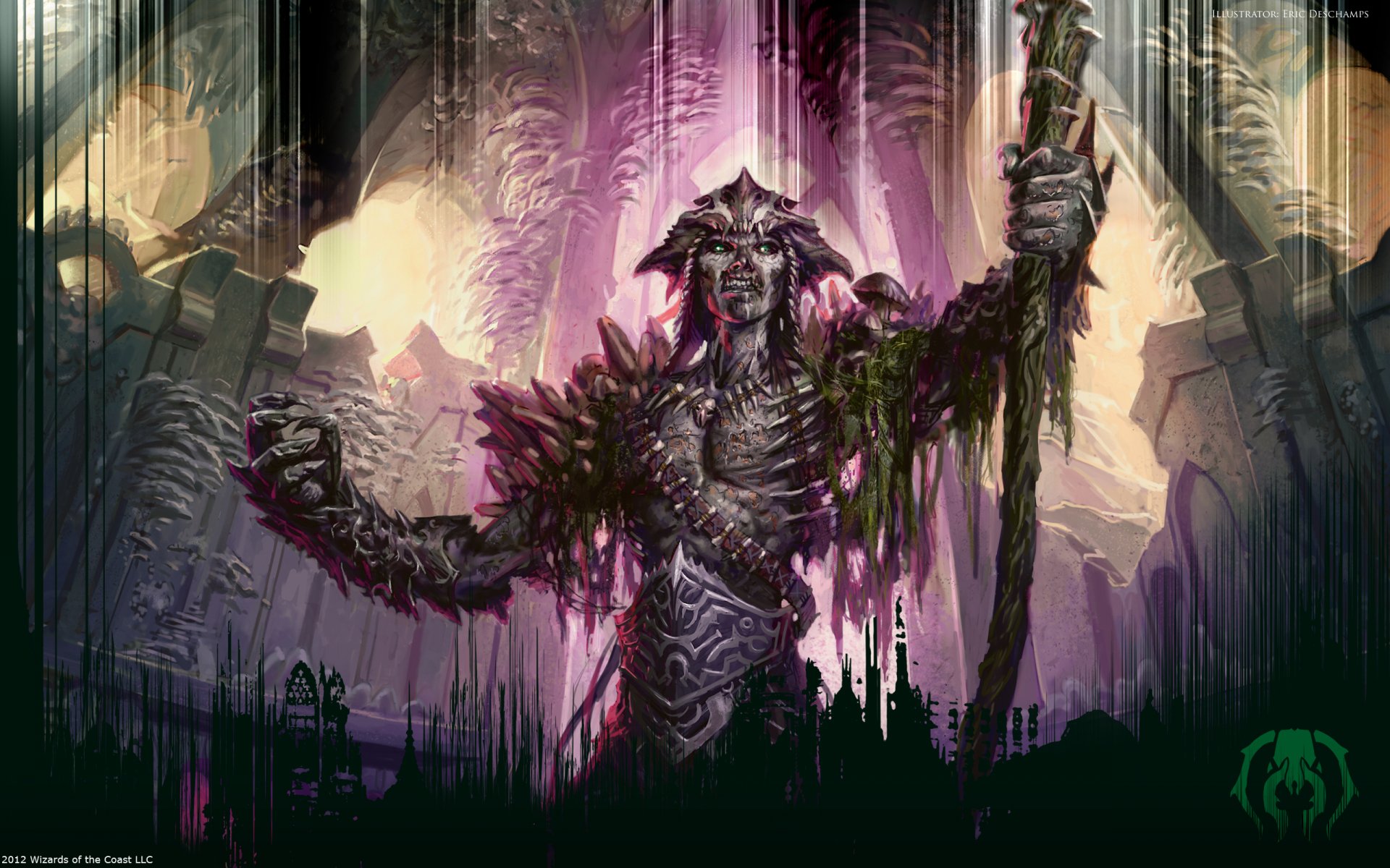 HD desktop wallpaper featuring a powerful, armored figure from Magic: The Gathering standing in a dark, mystical environment with dramatic lighting and intricate details.