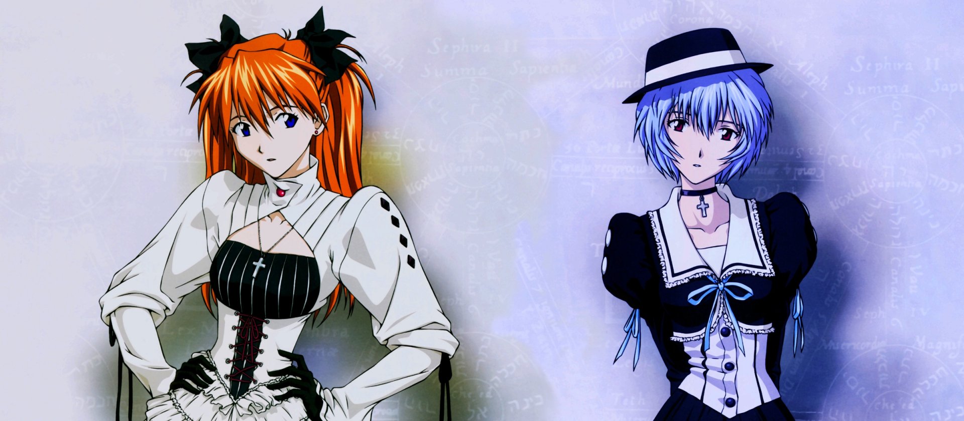 A high-definition desktop wallpaper featuring Rei Ayanami and Asuka Langley Sohryu from the anime Neon Genesis Evangelion, showcasing their iconic styles.