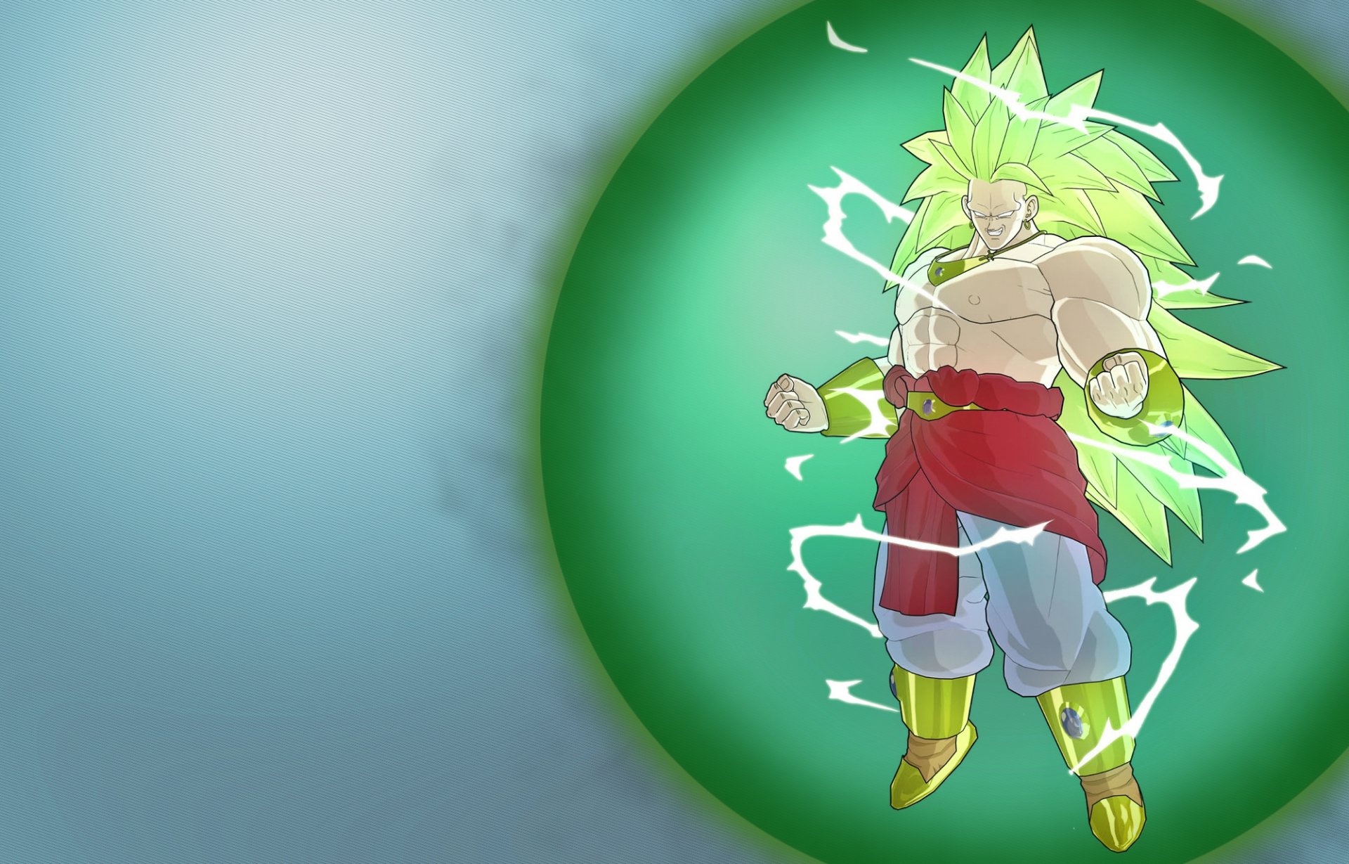 An HD wallpaper featuring a powerful character from Dragon Ball Z, enveloped in a green aura with lightning effects, showcasing vibrant colors and dynamic energy.