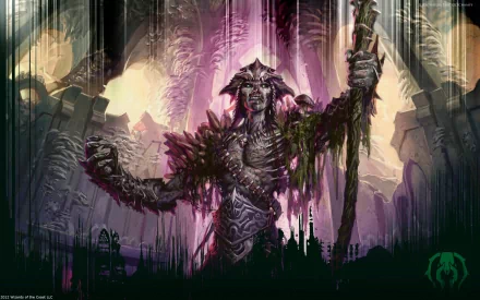 HD desktop wallpaper featuring a powerful, armored figure from Magic: The Gathering standing in a dark, mystical environment with dramatic lighting and intricate details.