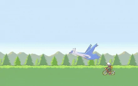 HD pixel-art desktop wallpaper: Latios from Pokémon Ruby/Sapphire/Emerald soars over a pine forest while a trainer rides a bicycle across a grassy foreground.