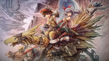 A dynamic HD wallpaper featuring iconic characters from Final Fantasy, including Adelle and Luso Clemens riding a Chocobo, set against a fantastical backdrop with a dragon and other elements.