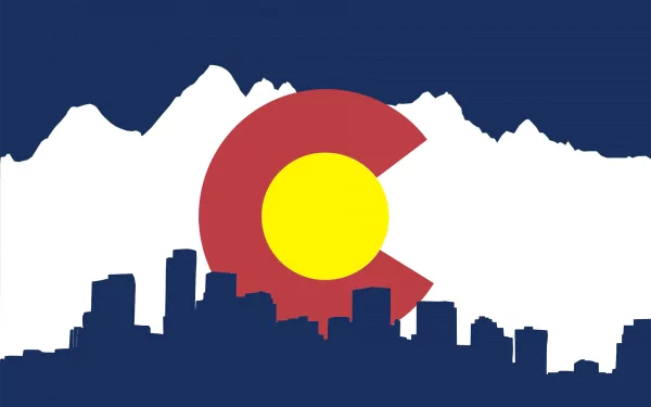 HD desktop wallpaper featuring the Colorado state flag emblem set against a dark blue city skyline and white mountain range background.