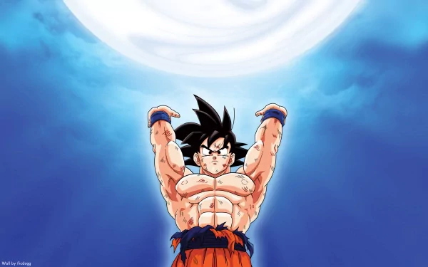 HD desktop wallpaper featuring Goku from the anime Dragon Ball Z, standing powerfully with his arms raised against a vibrant blue sky.