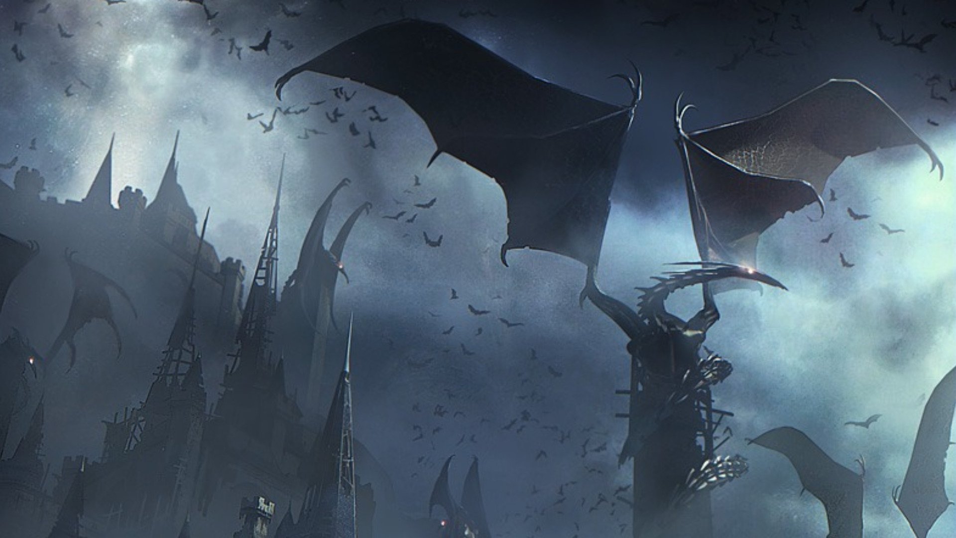 HD fantasy desktop wallpaper showing a dark, ominous dragon soaring over a gothic castle under a stormy, cloudy sky filled with flying creatures.