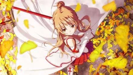 HD desktop wallpaper of Asuna Yuuki from Sword Art Online, featuring her in an autumn forest setting with yellow leaves swirling around.
