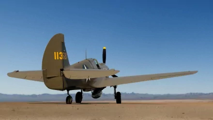 HD desktop wallpaper featuring a Curtiss P-40 Warhawk military aircraft on a desert runway under a clear blue sky.