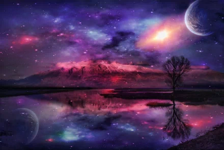 A stunning Sci-Fi HD wallpaper featuring a surreal landscape with a colorful galaxy, distant planet, mountains, and a reflective lake, creating an otherworldly ambiance.