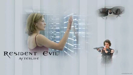 A high-definition wallpaper featuring Milla Jovovich as Alice from Resident Evil: Afterlife, showcasing dramatic scenes and action elements from the movie.